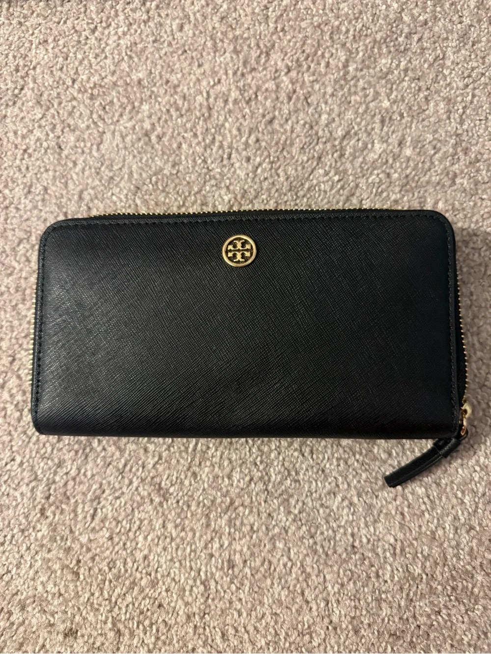 Tory Burch Black Saffiano Zip-Around Wallet with Gold Logo